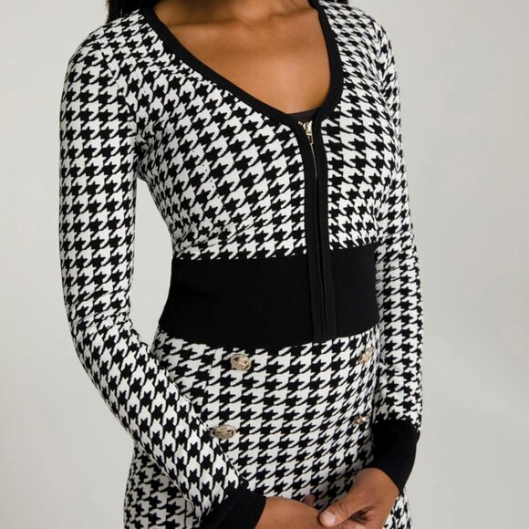NEW! GOOD AMERICAN LIL FITTED HOUNDSTOOTH CARDIGAN SWEATER KNIT CROPPED sz 4 - Picture 1 of 10